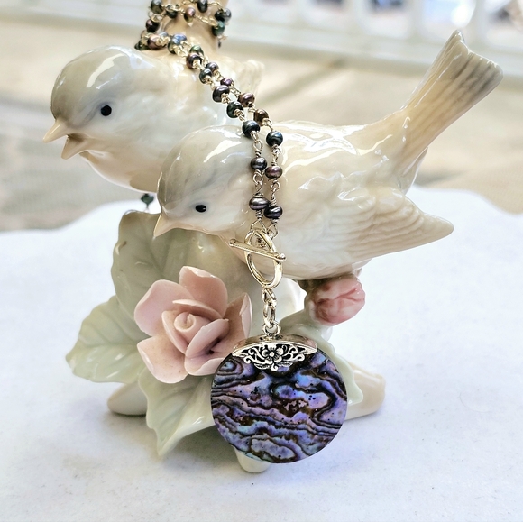 925 Silver Abalone and Pearl Station Necklace - Picture 9 of 15